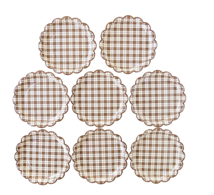 Harvest Scallop Brown Plaid Paper Plate