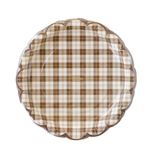 Harvest Scallop Brown Plaid Paper Plate